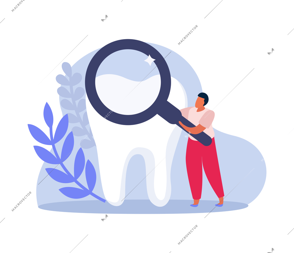 Flat composition with tiny character looking through magnifying glass at healthy tooth vector illustration