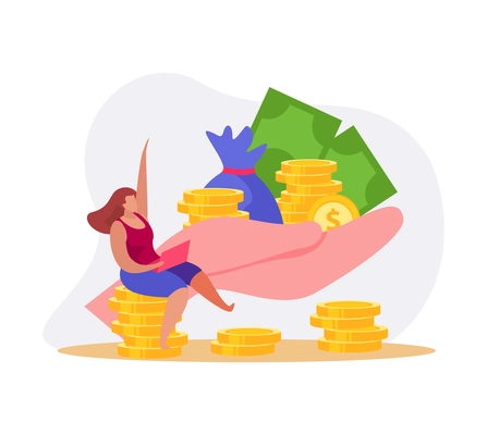 Money flat design icon with human hand holding coins banknotes vector illustration