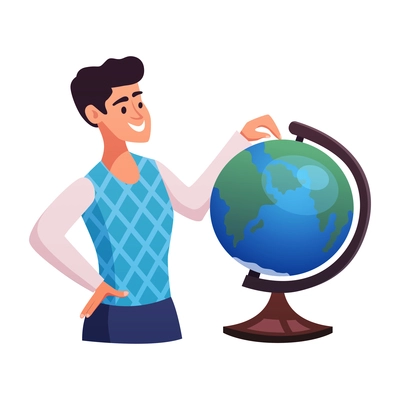 Travel flat icon with happy character choosing place for next trip on globe vector illustration