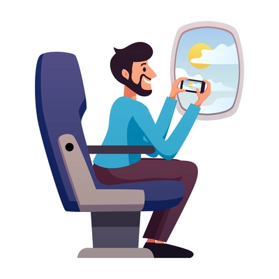 Happy travelling man taking photo of view from airplane window flat vector illustration