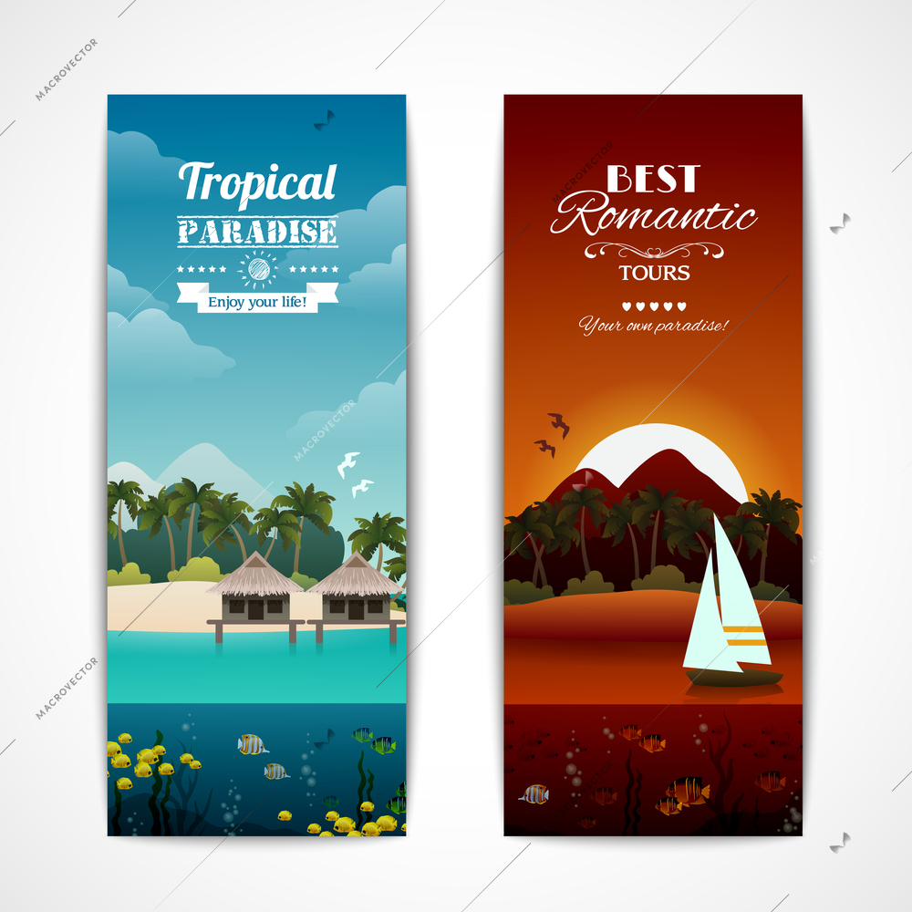 Tropical island best romantic tours holidays vertical banner set isolated vector illustration