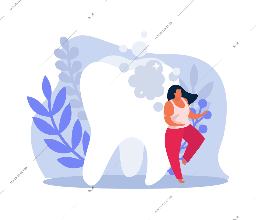 Dental health flat icon with woman character and white tooth vector illustration