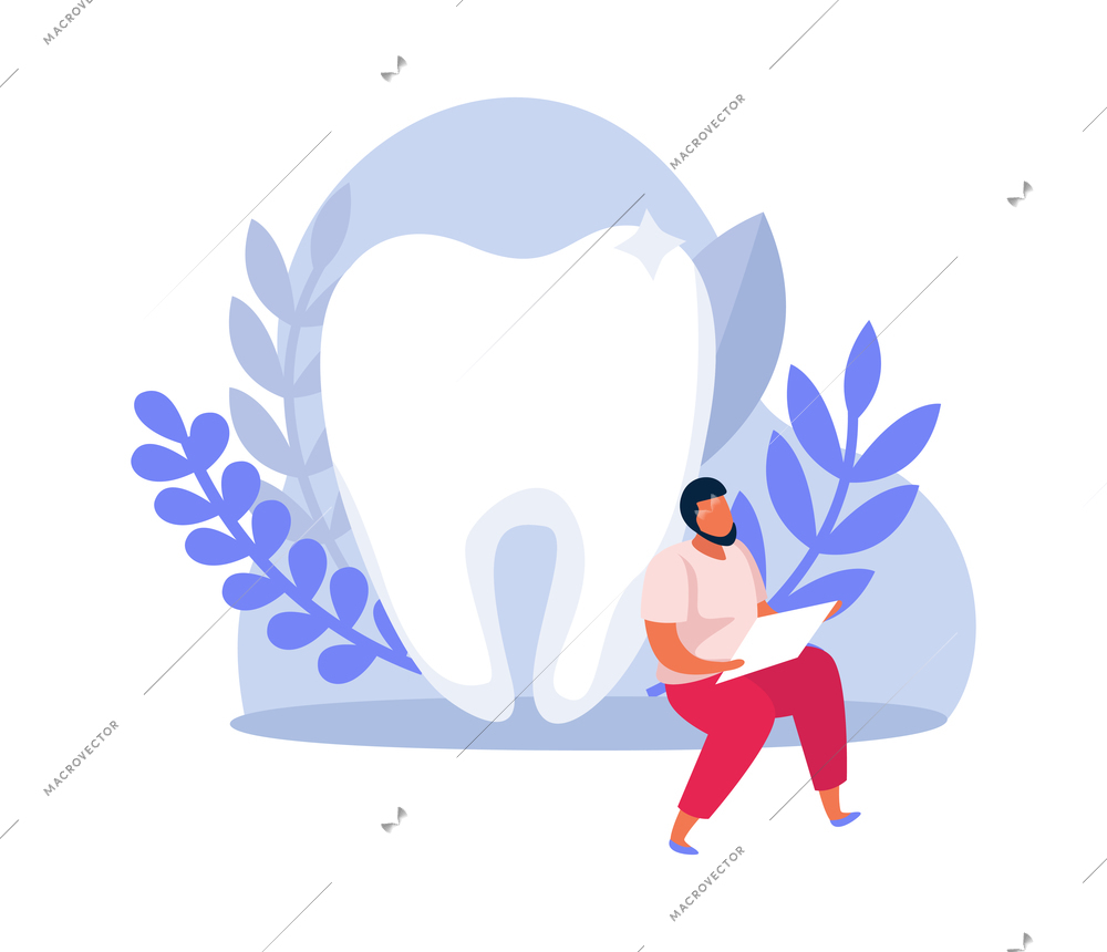 Dental health icon with flat clean tooth and man on background with twigs vector illustration