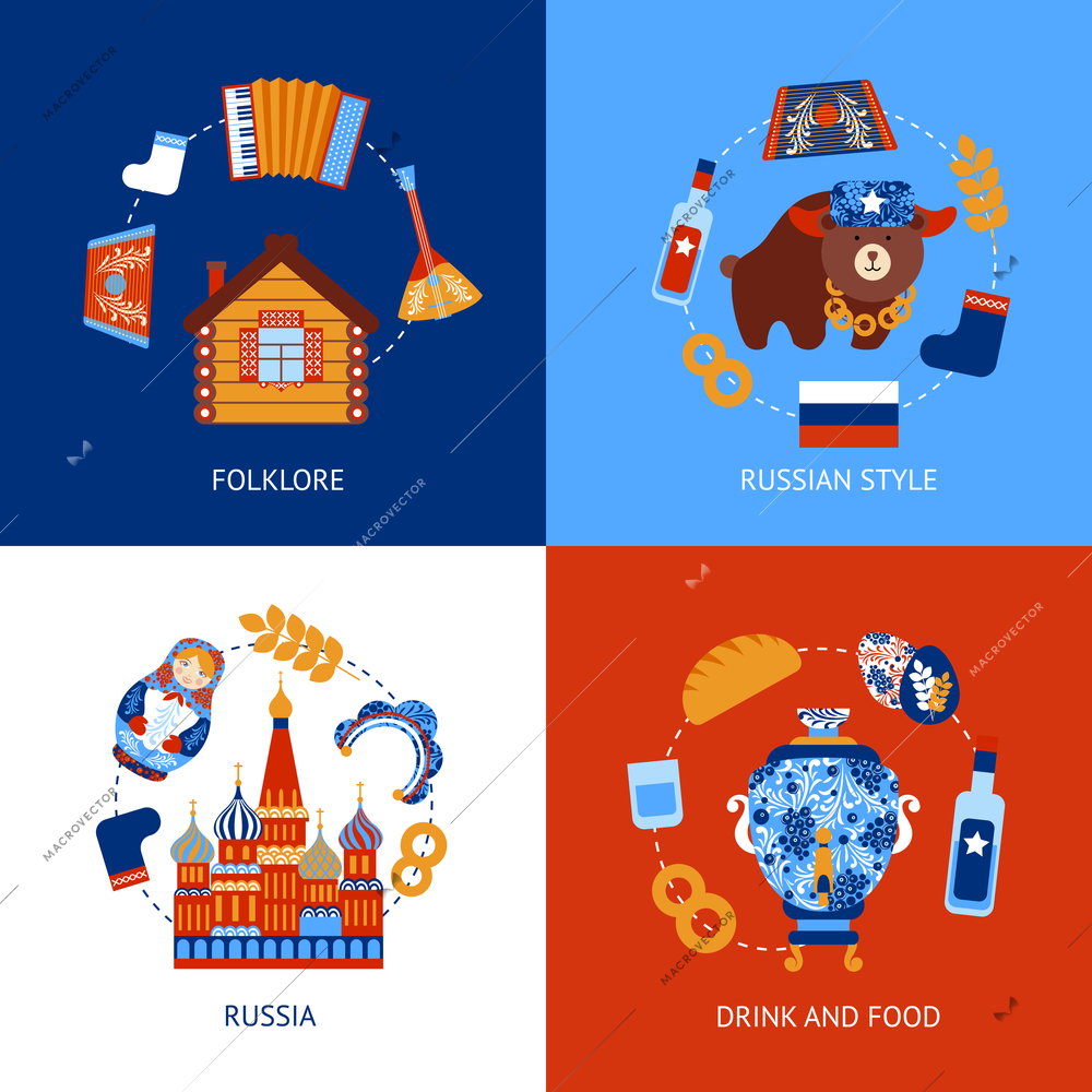 Russia travel folklore drink and food flat set isolated vector illustration