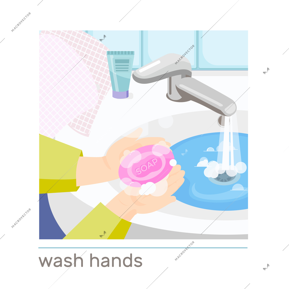 Human washing hands with soap in sink flat composition vector illustration