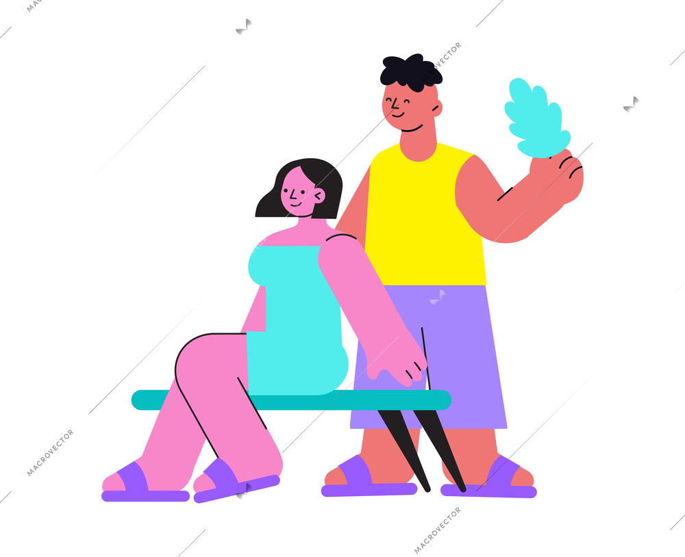 Spa salon flat icon with woman sitting on bench and man holding bath broom vector illustration