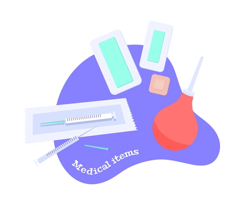 Medical items flat composition with colorful syringe plaster enema vector illustration