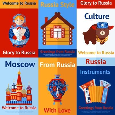Welcome to Russia travel retro poster set isolated vector illustration