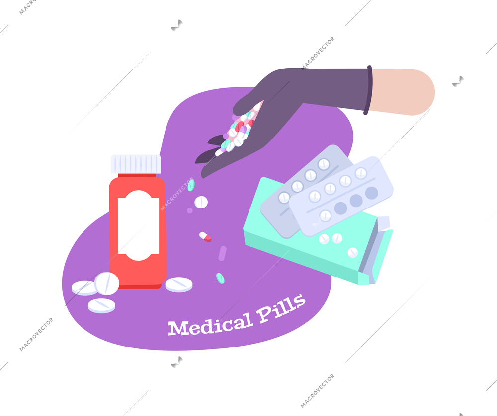 Pharmacy flat composition with various medical pills and pharmacist hand vector illustration