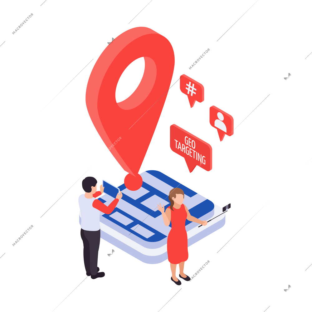 Isometric promotion and geo targeting concept with 3d location pin sign vector illustration