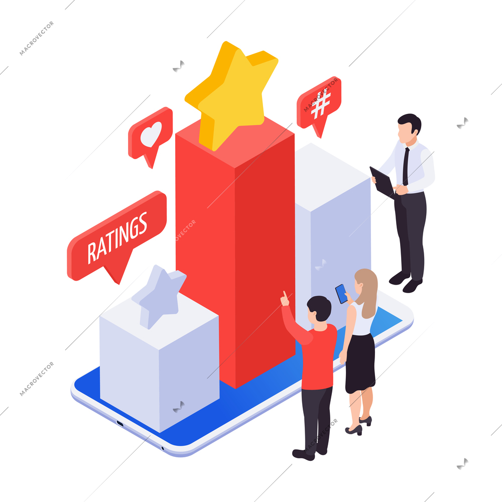 Marketing promotion isometric icon with colorful graph presenting ratings 3d vector illustration