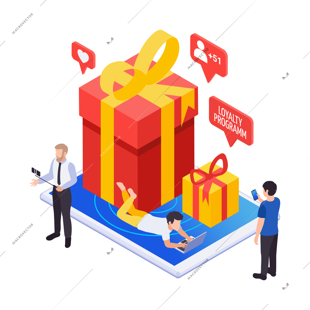 Isometric marketing loyalty programme concept with presents for followers customers vector illustration