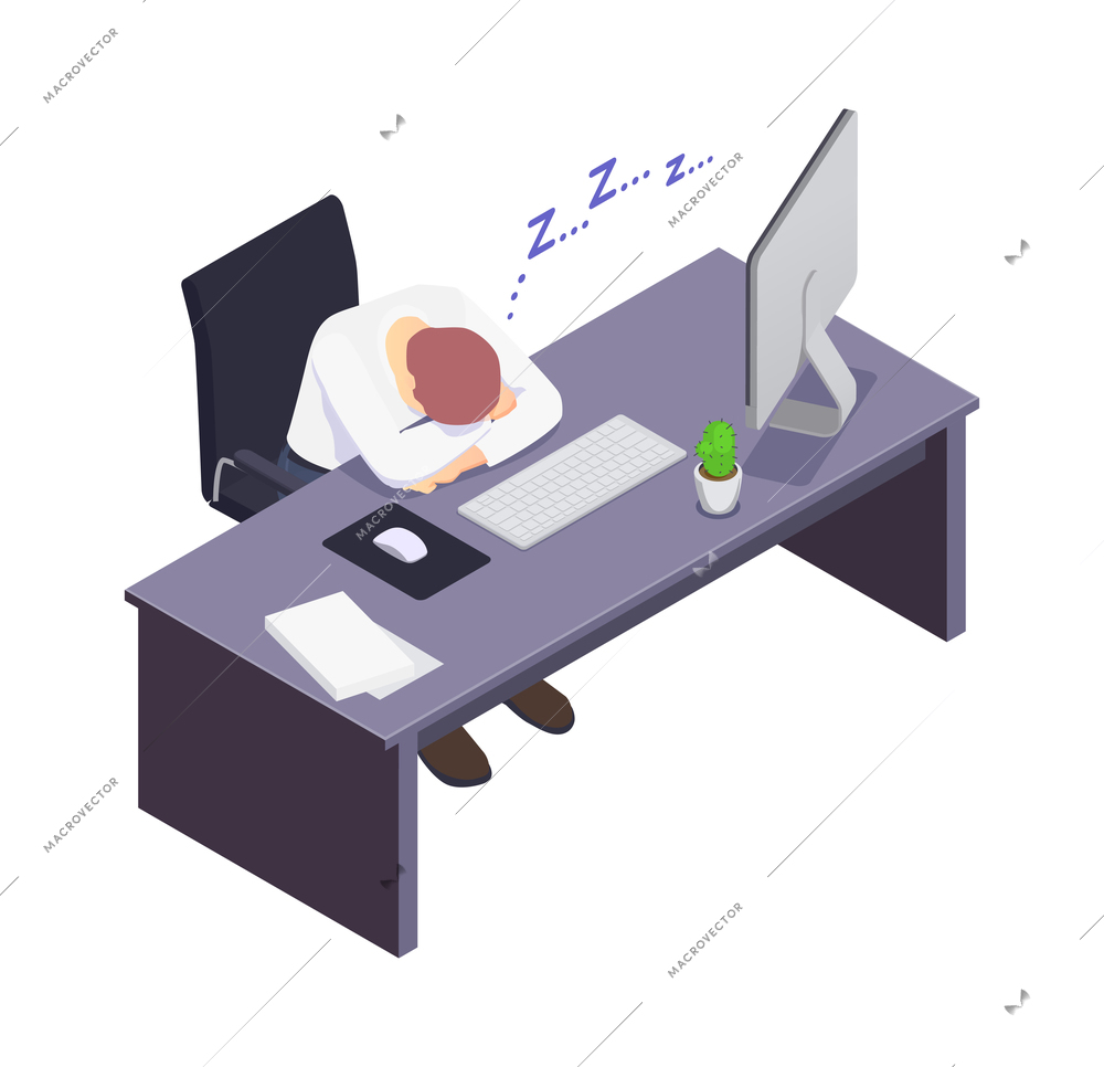 Isometric icon with male manager sleeping on his desk 3d vector illustration