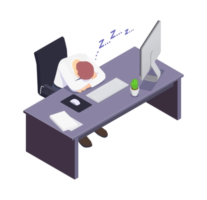 Isometric icon with male manager sleeping on his desk 3d vector illustration