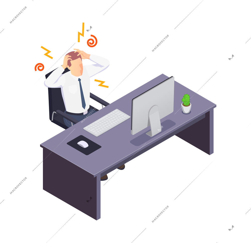 Isometric icon with stressed office worker at his work place vector illustration