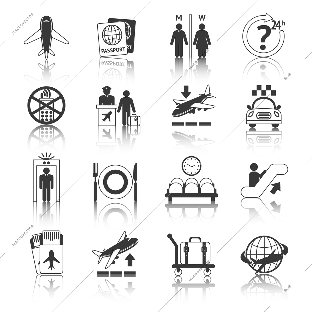 Airport travel black and white icons set with plane security check baggage control isolated vector illustration