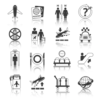 Airport travel black and white icons set with plane security check baggage control isolated vector illustration