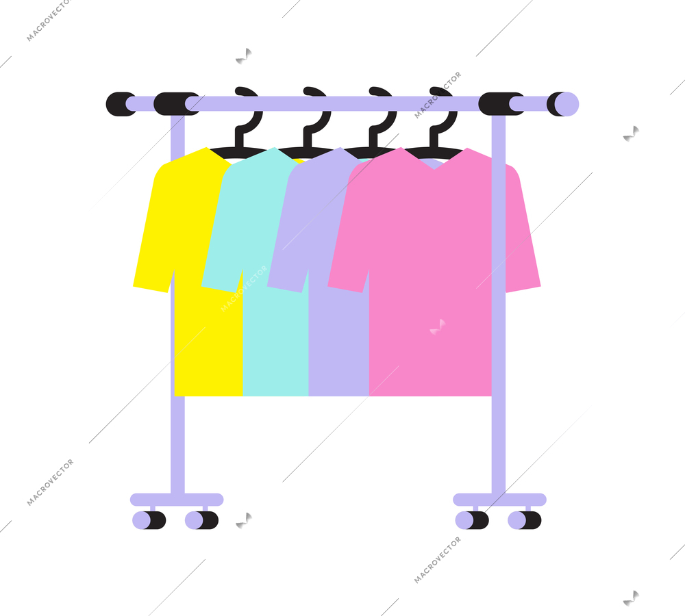 Hangers with colorful tshirts on clothes rack cartoon icon vector illustration