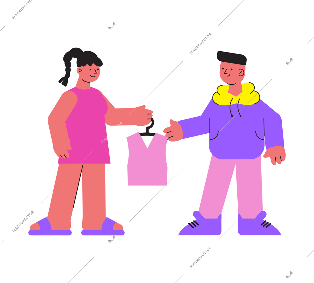 Laundry flat icon with man and woman holding hanger with clean tshirt vector illustration