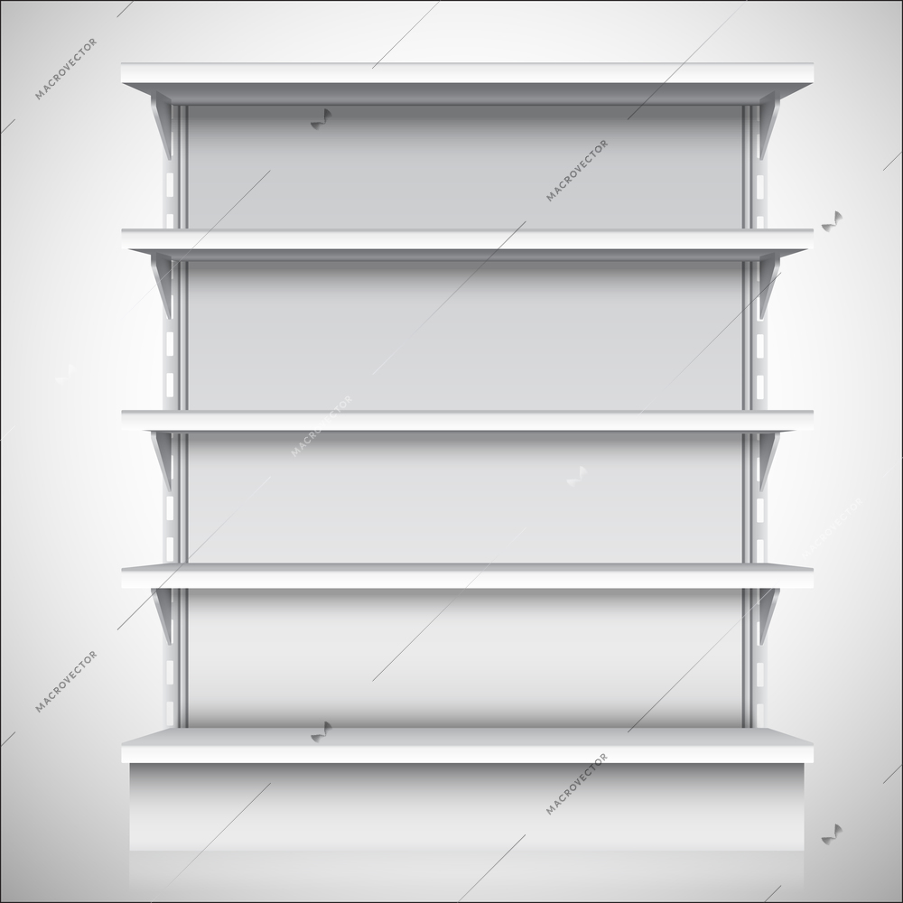 White empty supermarket retail store shelves isolated on white background vector illustration