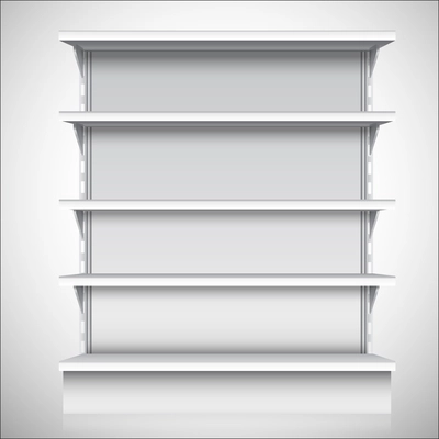 White empty supermarket retail store shelves isolated on white background vector illustration