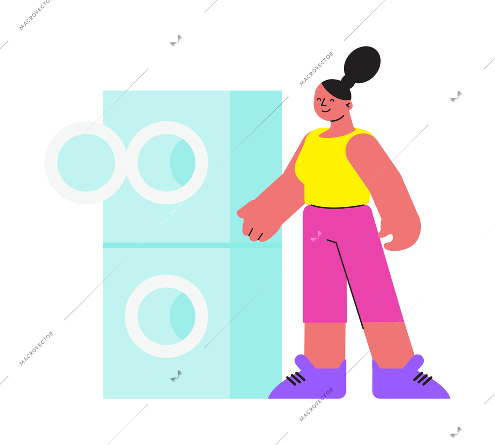 Flat launderette icon with woman and two washing machines on white background vector illustration