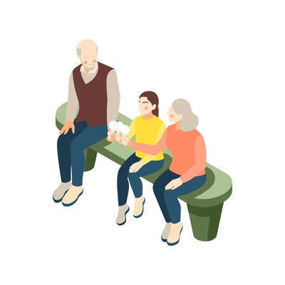 Isometric icon with girl and her grandparents eating ice cream on bench 3d vector illustration