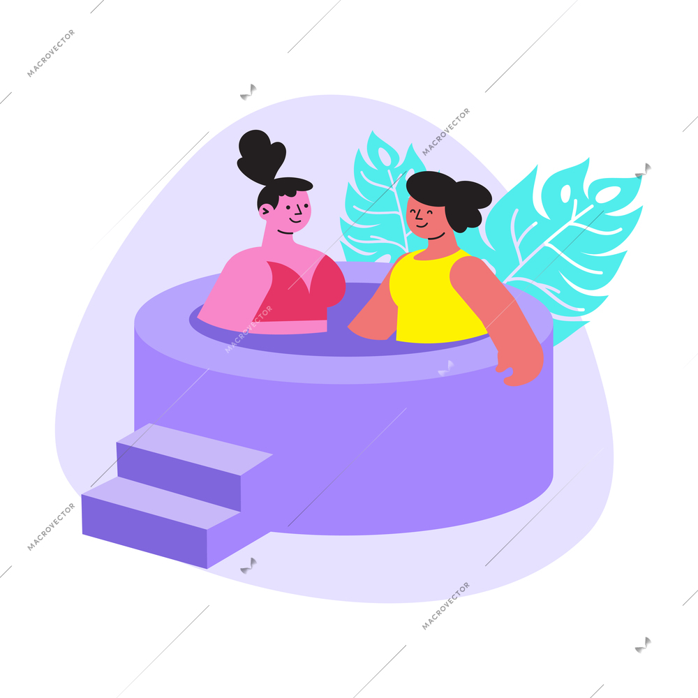 Two women wearing swimsuits in spa salon bath flat composition vector illustration