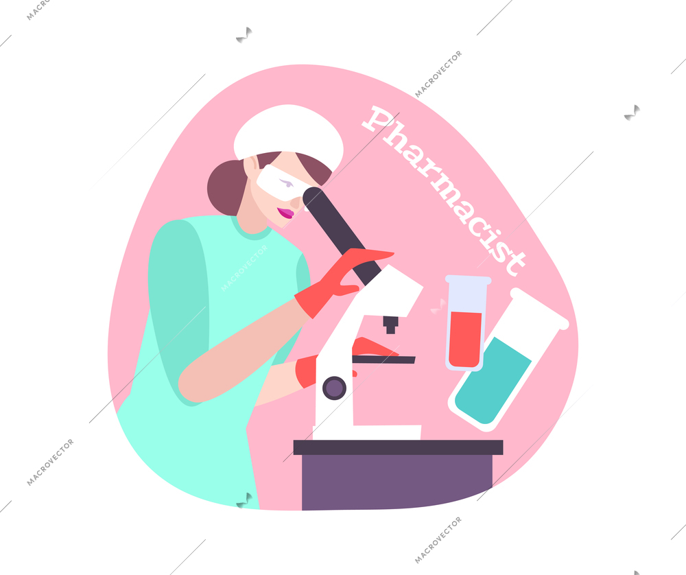 Female pharmacist working with microscope in laboratory flat composition vector illustration