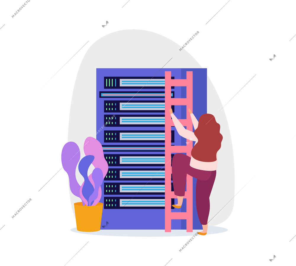 Flat icon with server rack and woman character going up ladder vector illustration