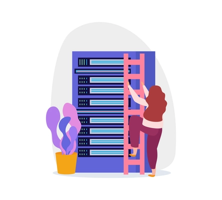 Flat icon with server rack and woman character going up ladder vector illustration