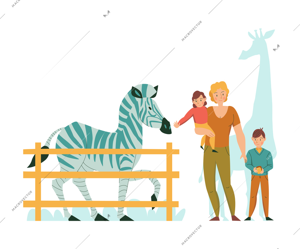 Family feeding zebra in zoo flat composition vector illustration