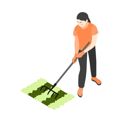 Gardening isometric icon with character working with rake on lawn 3d vector illustration