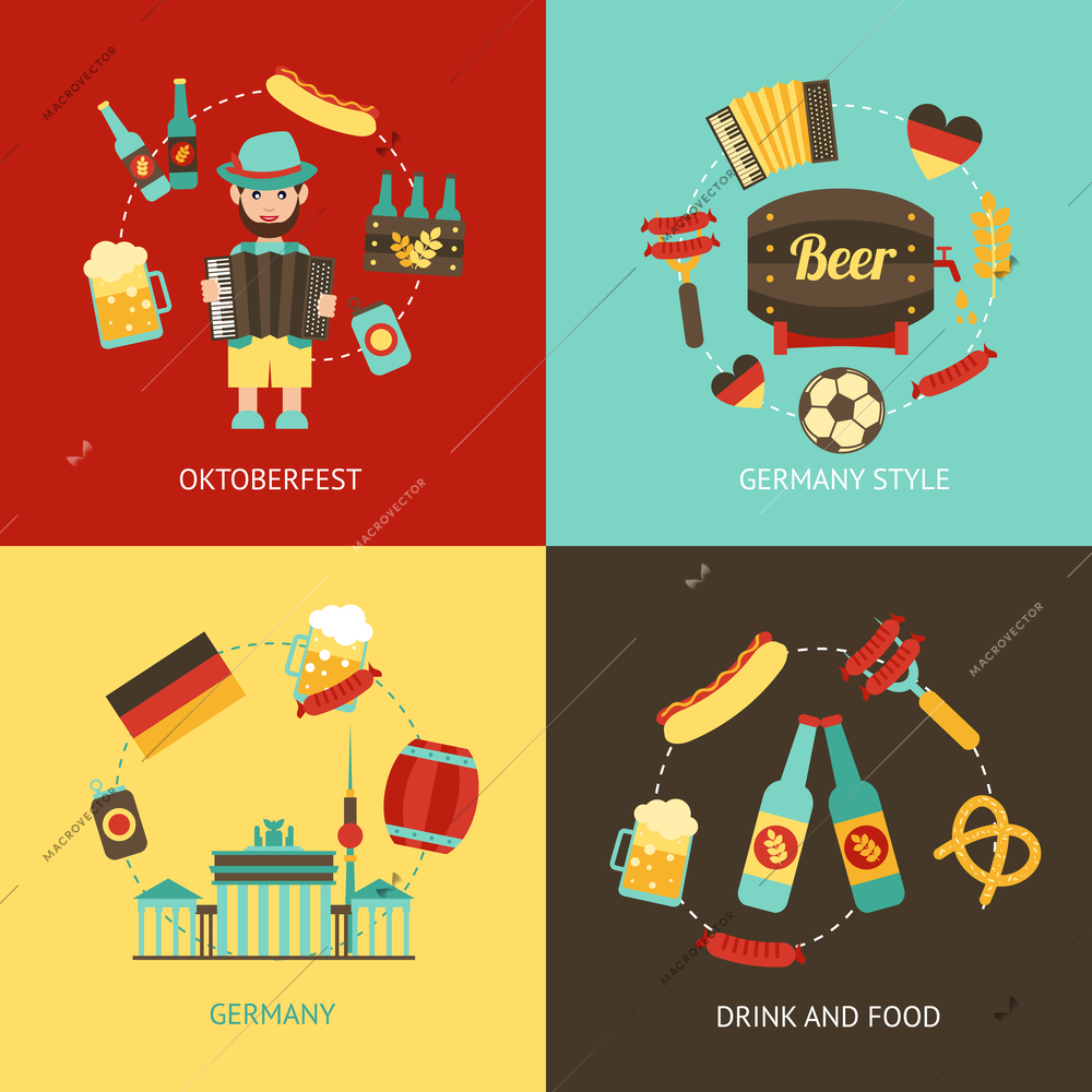 Germany travel Oktoberfest drink and food flat set isolated vector illustration