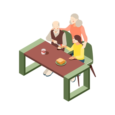 Grandparents isometric icon with grandpa making toast for girl 3d vector illustration