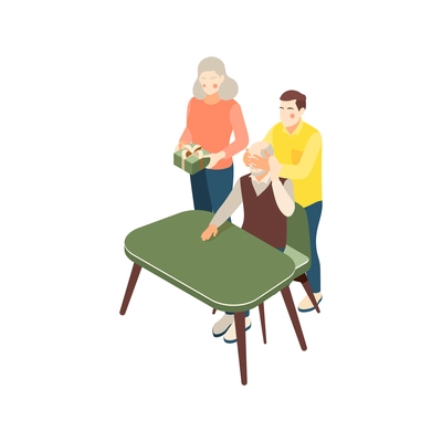 Isometric icon with family giving grandpa surprise 3d vector illustration