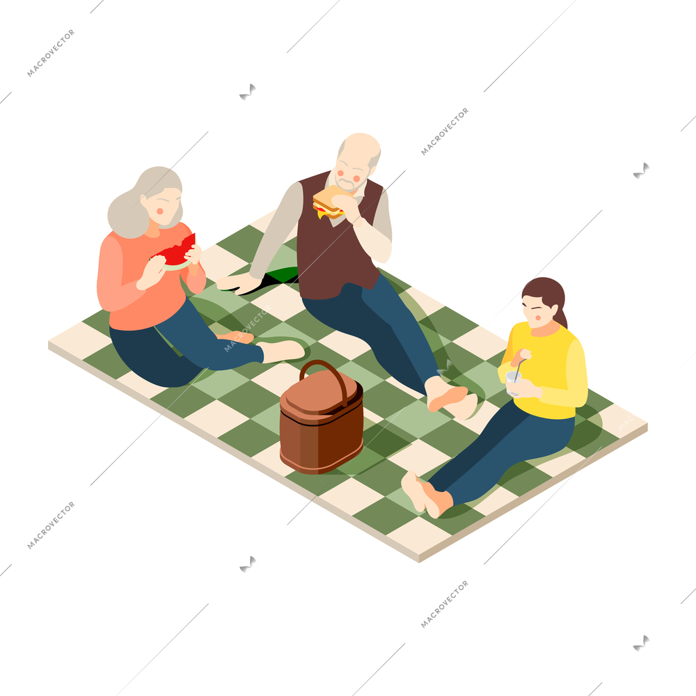 Teenager girl having picnic with her grandparents 3d isometric vector illustration