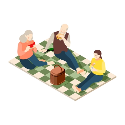 Teenager girl having picnic with her grandparents 3d isometric vector illustration