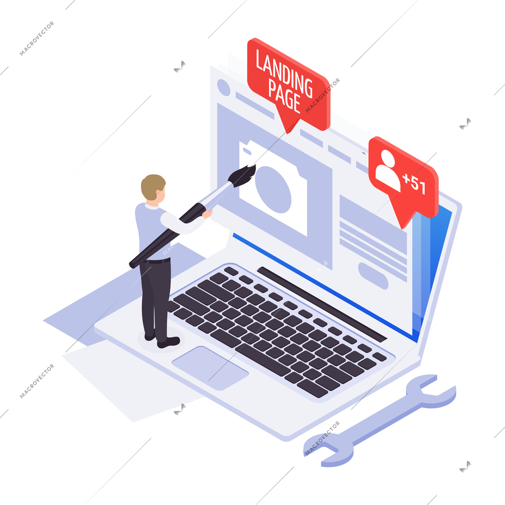 Social media isometric icon with character creating landing page 3d vector illustration