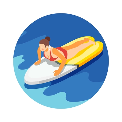 Woman in swimsuit lying on surfboard isometric icon 3d vector illustration