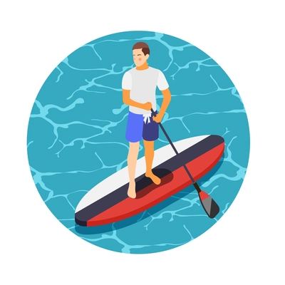 Man with paddle on sup board isometric icon 3d vector illustration