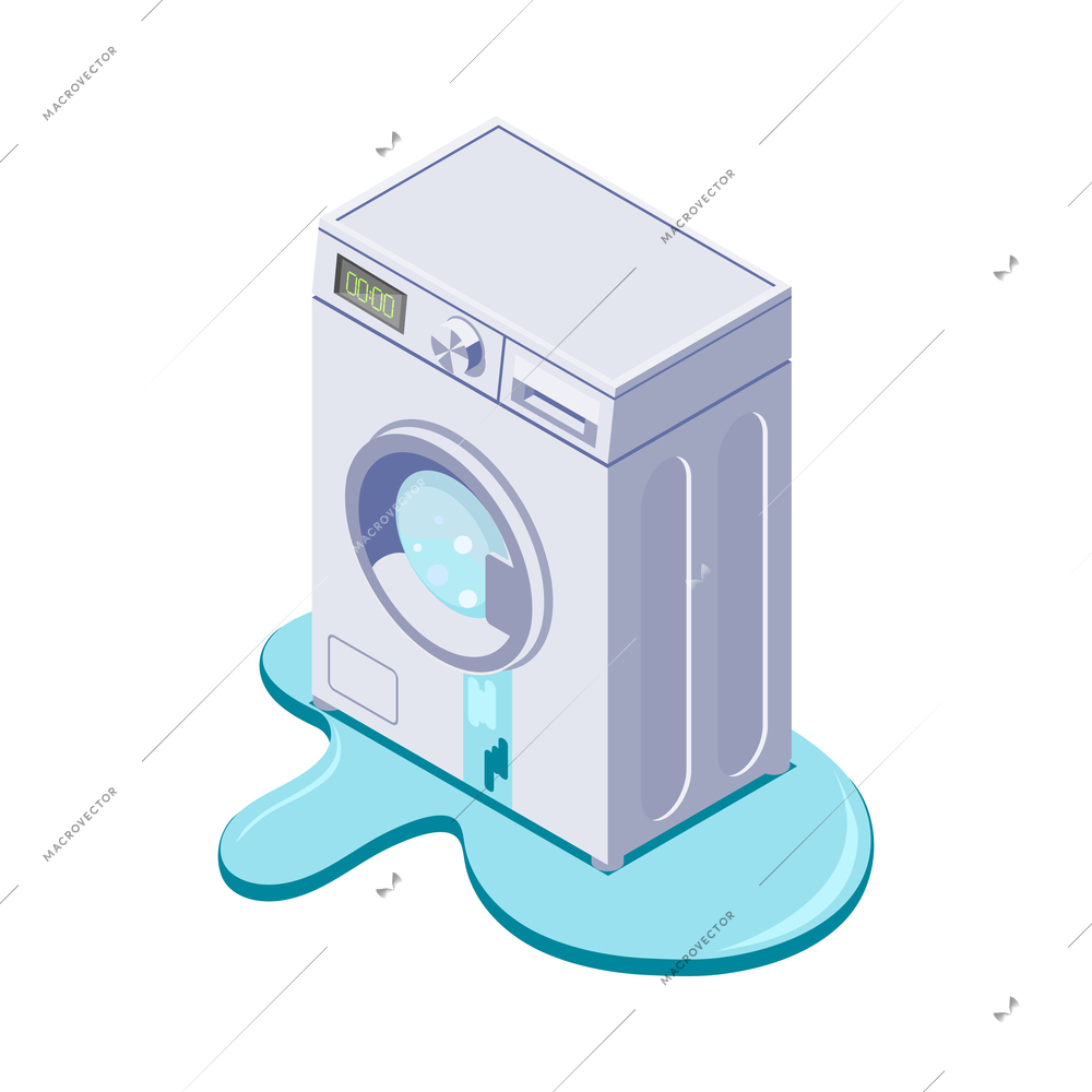 Broken leaking washing machine isometric icon vector illustration