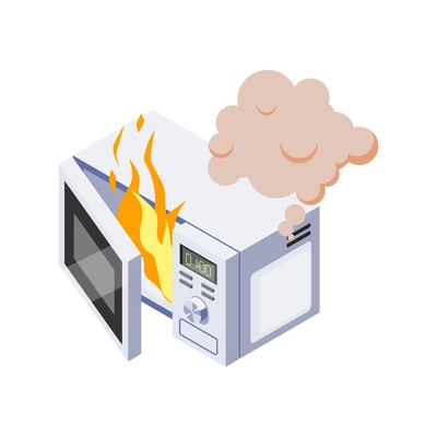 Burning microwave oven on white background isometric vector illustration