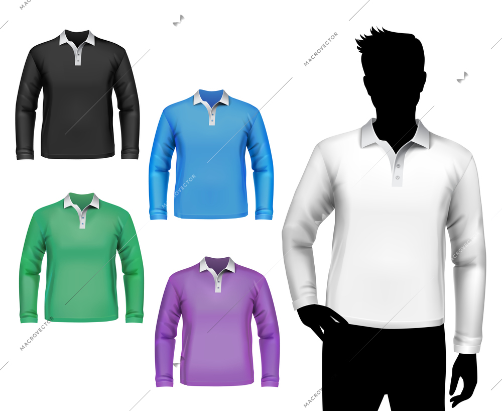 Colored polo long sleeve t-shirts male set with man body silhouette isolated vector illustration