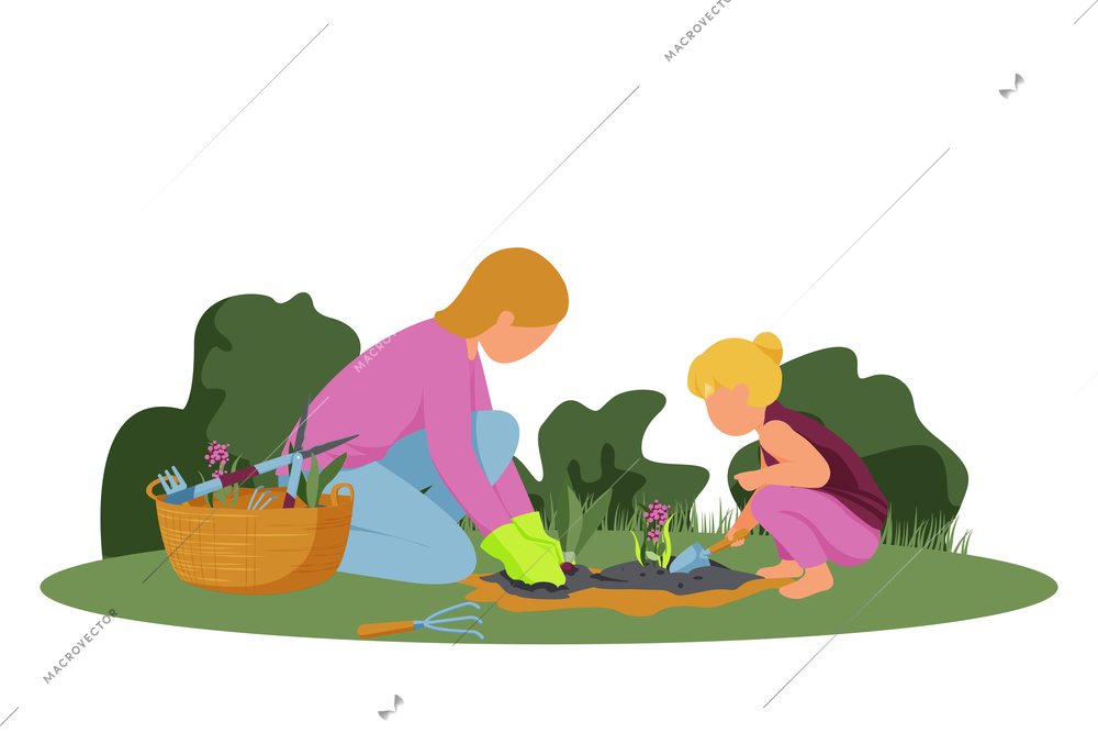 Gardening flat composition with woman and girl planting spring flowers vector illustration