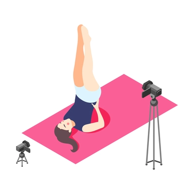 Blogger taking video while doing yoga asana on mat isometric icon vector illustration