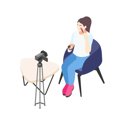 Isometric icon with beauty blogger doing makeup in front of camera 3d vector illustration