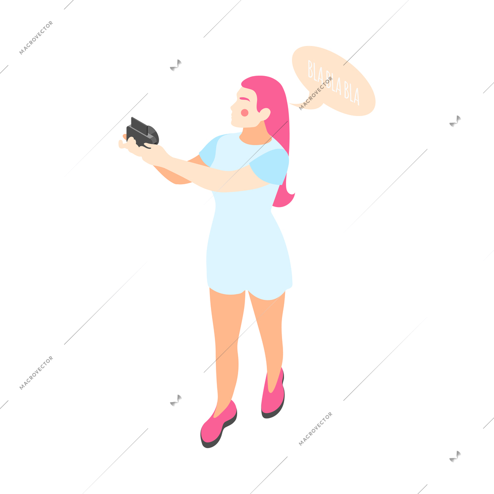 Young woman blogger talking on camera for her vlog isometric 3d vector illustration