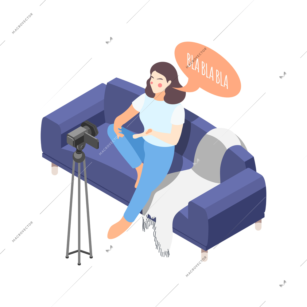 Woman sitting on sofa and creating video for her blog or vlog isometric icon vector illustration