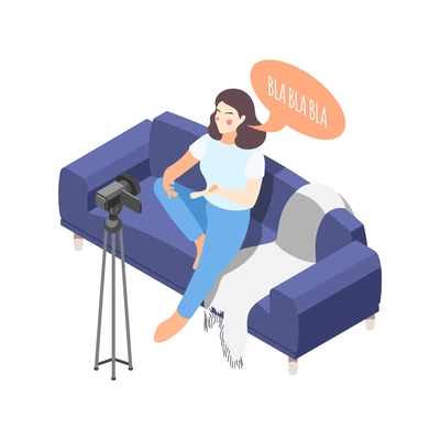Woman sitting on sofa and creating video for her blog or vlog isometric icon vector illustration